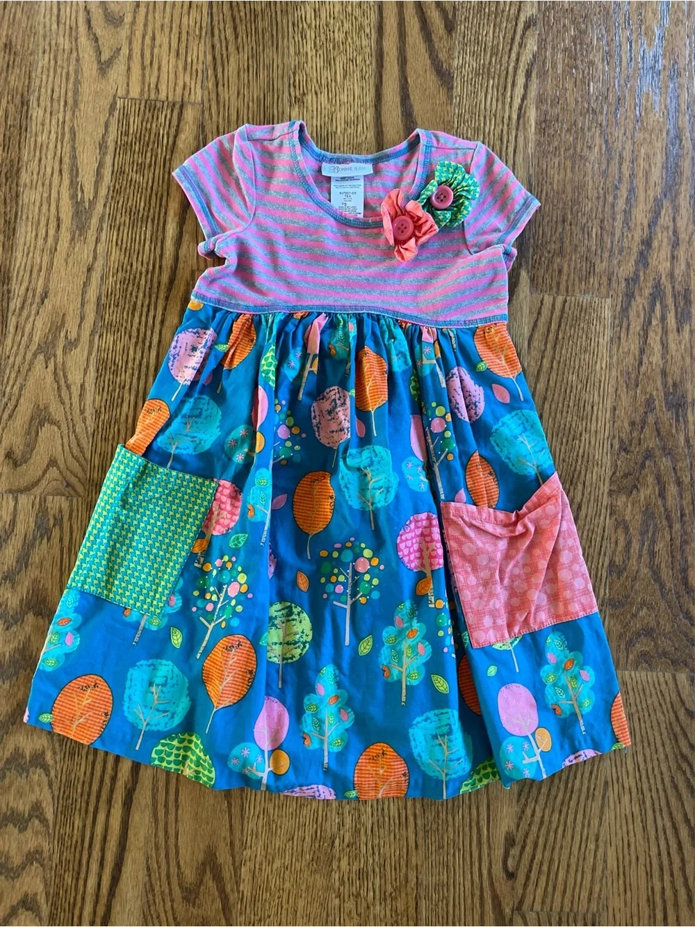 Bonnie Jean tree and stripe print pocket dress size 5